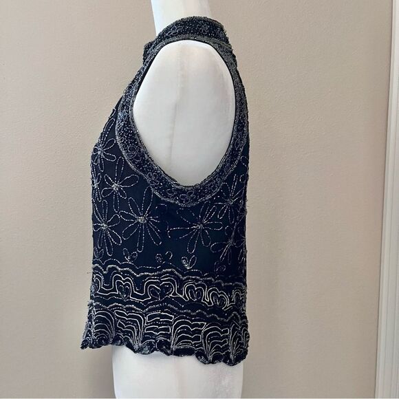 Papell Boutique Evening Beaded Formal Halter Top Black Silver Silk Flowers Large - Picture 4 of 7